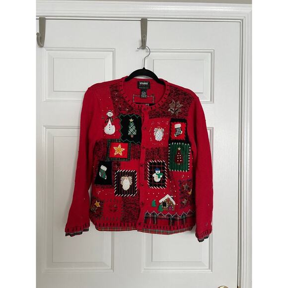 Vintage Knitted Ugly Christmas Patchwork Holiday Sweater Button Up - Picture 1 of 1